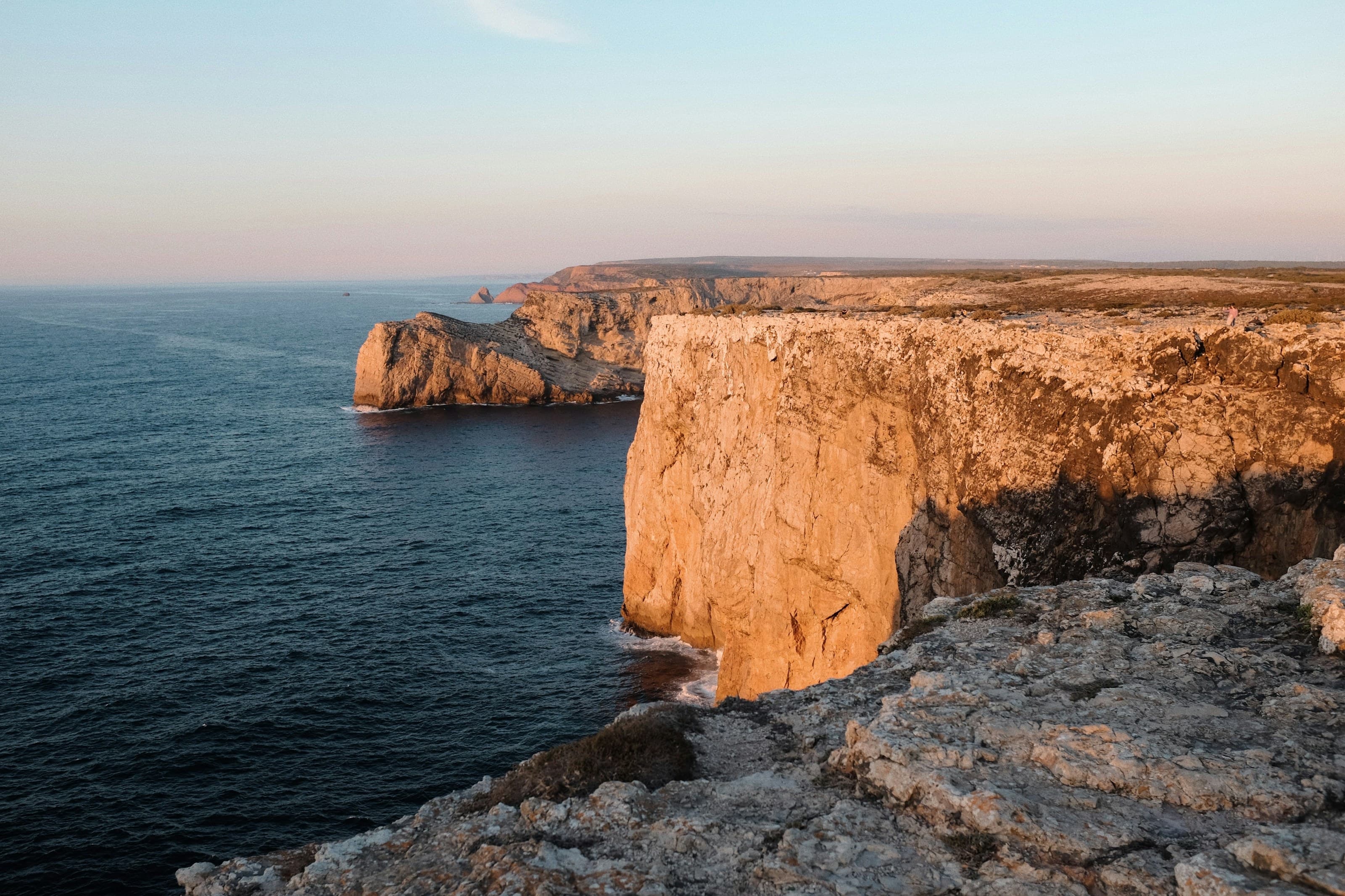 Evening light on the limestone cliffs of Cabo de São Vicente, where the Algarve meets the Atlantic.